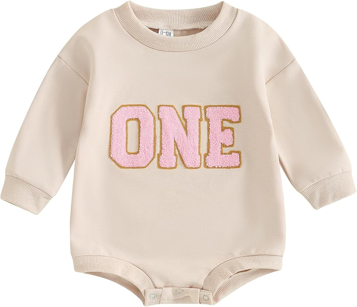 Lamuusaa Baby Girl Boy Birthday Outfit One Embroidery Romper Long Sleeve Crewneck Sweatshirt Birt... | Amazon (US)