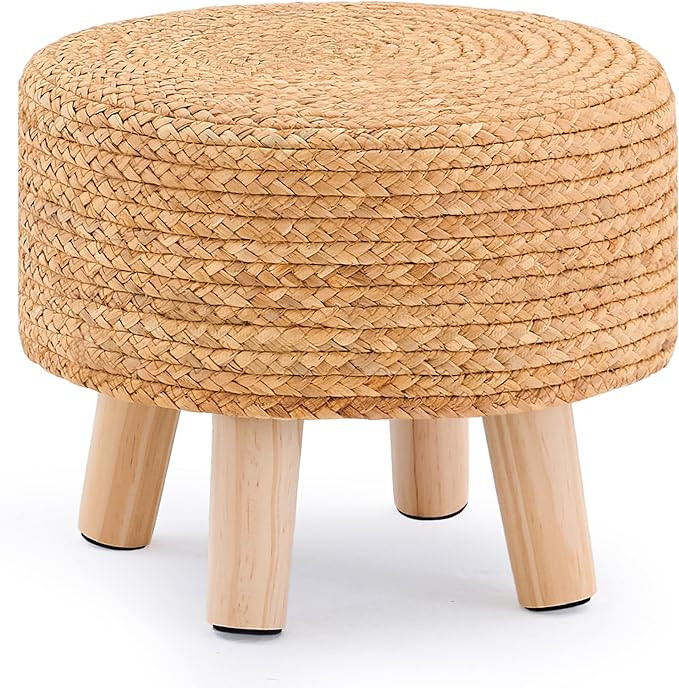 Handwoven Round Ottoman, Natural Water Hyacinth Outdoor Patio Pouf Seagrass Low Stool with Wood L... | Amazon (US)