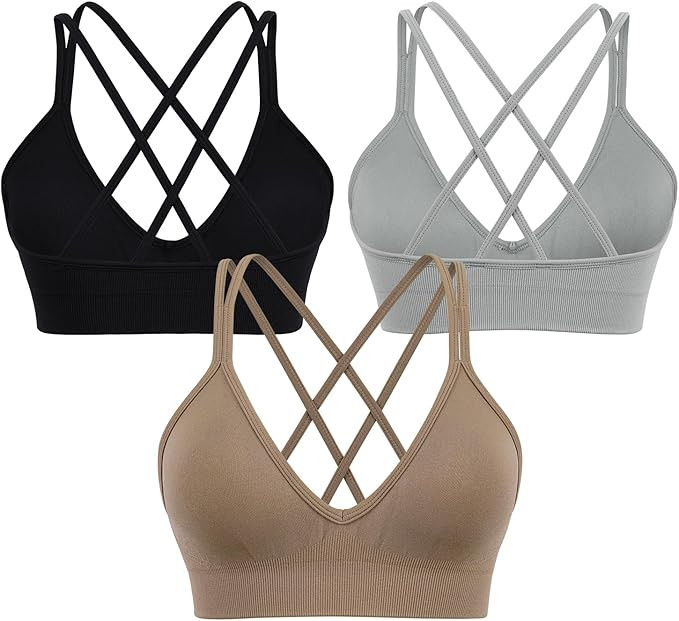 VEQKING Strappy Women Sports Bra V-Neck Criss Cross Back Padded Yoga Bra Seamless Workout Bras Sp... | Amazon (US)