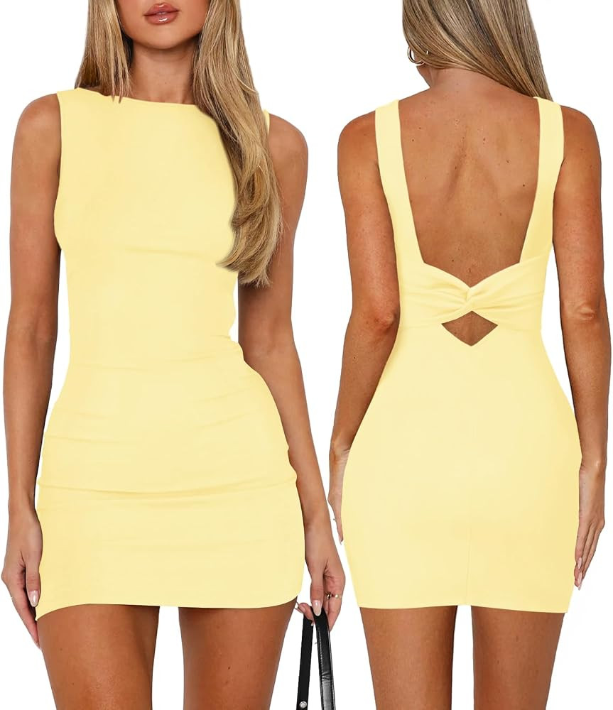 Women's Boat Neck Dresses Backless Knotted Casual Summer Beach Club Party Wedding Guest Bodycon M... | Amazon (US)