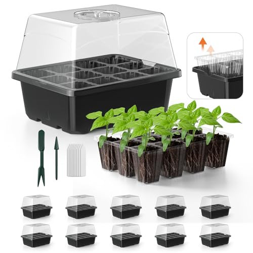 POROLIR Seed Starter Tray, 10PCS Seed Starter Kit, Seedling Starter Trays with Heightened Lids for Seed Staring, Indoor Gardening Plant Germination Trays (12 Cells per Tray) Black | Amazon (US)
