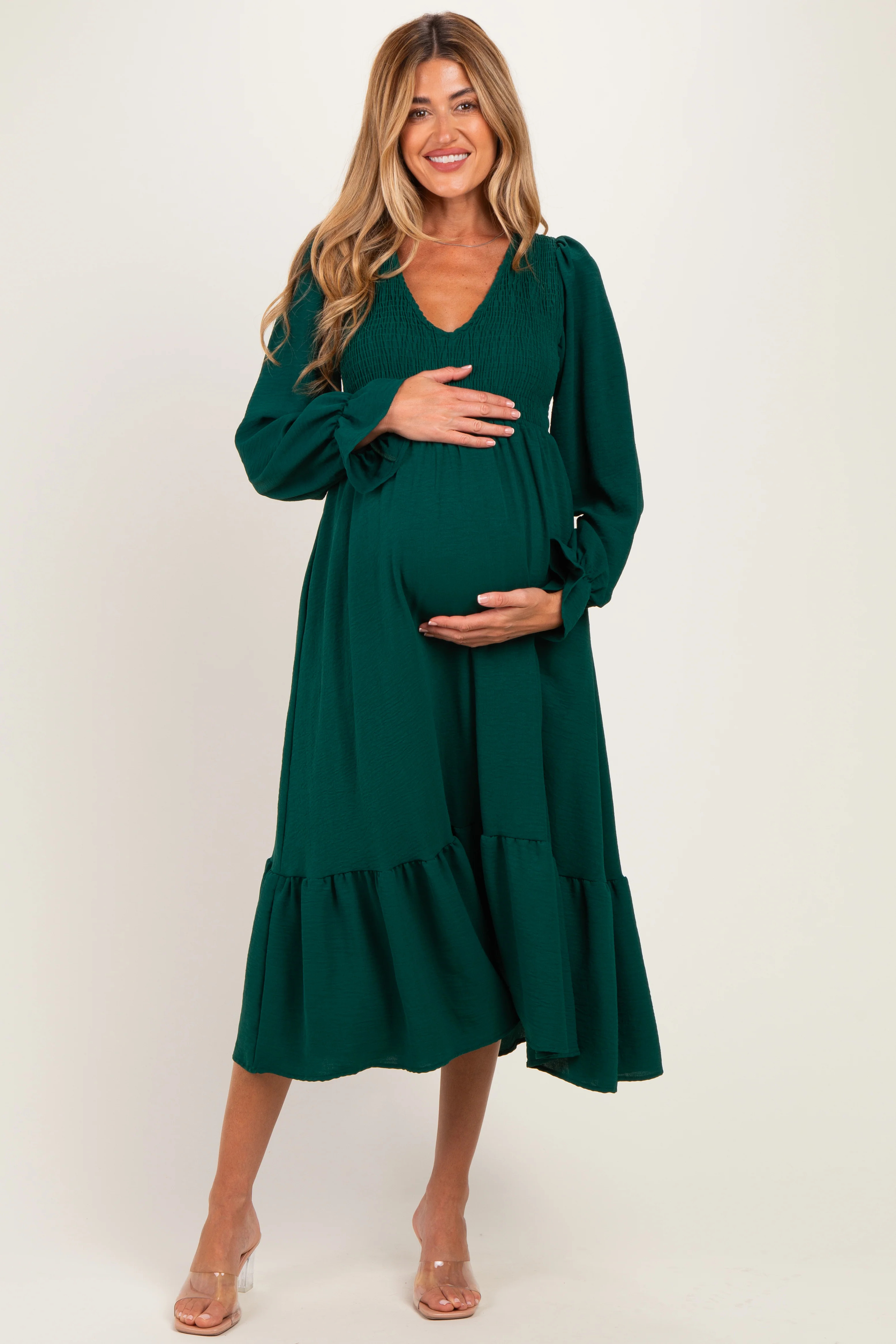 Hunter Green Smocked Top Long Sleeve Ruffle Hem Maternity Midi Dress | PinkBlush Maternity