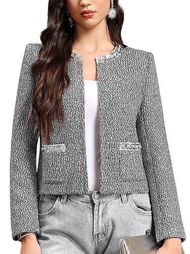 M.Infisavo Womens Sequin Crew Neck Tweed Jackets Blazer Party Business Casual Hooking Closure Outfit, Gray, Medium | Amazon (US)