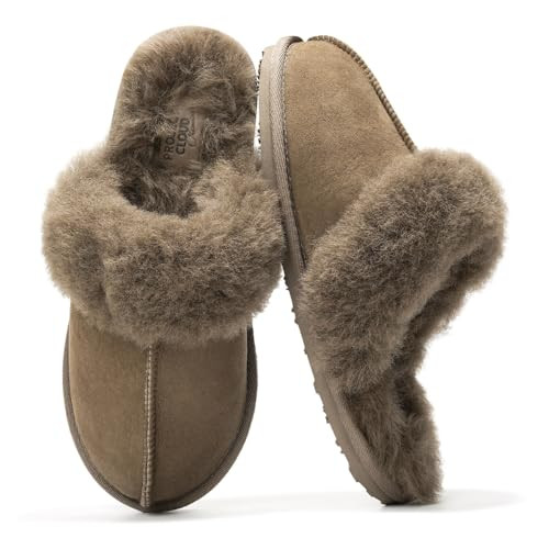 Project Cloud Scuff Slippers for Women -100% Genuine Shearling- Memory Foam Slides for Women mules for women 2024- Non-Slip Womens slippers - Christmas Slippers (LYNSEY, TAUP, 10) | Amazon (US)