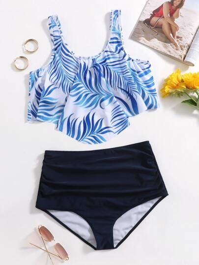 Plus Leaf Print High Waisted Bikini Swimsuit | SHEIN USA | SHEIN