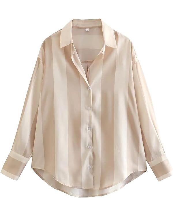 Satin Button Down Shirts for Women Long Sleeve Silky Pinstripe Casual Blouse Summer Top | Amazon (US)