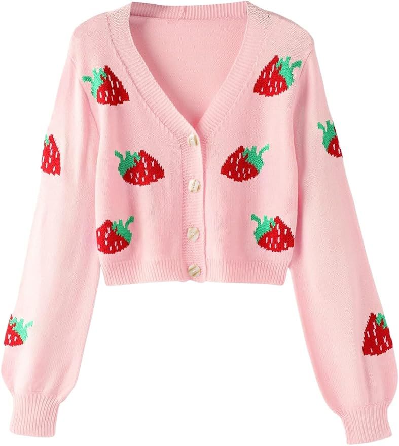MakeMeChic Women's Strawberry Print Long Sleeve Button Down Cropped Cardigan Sweater | Amazon (US)