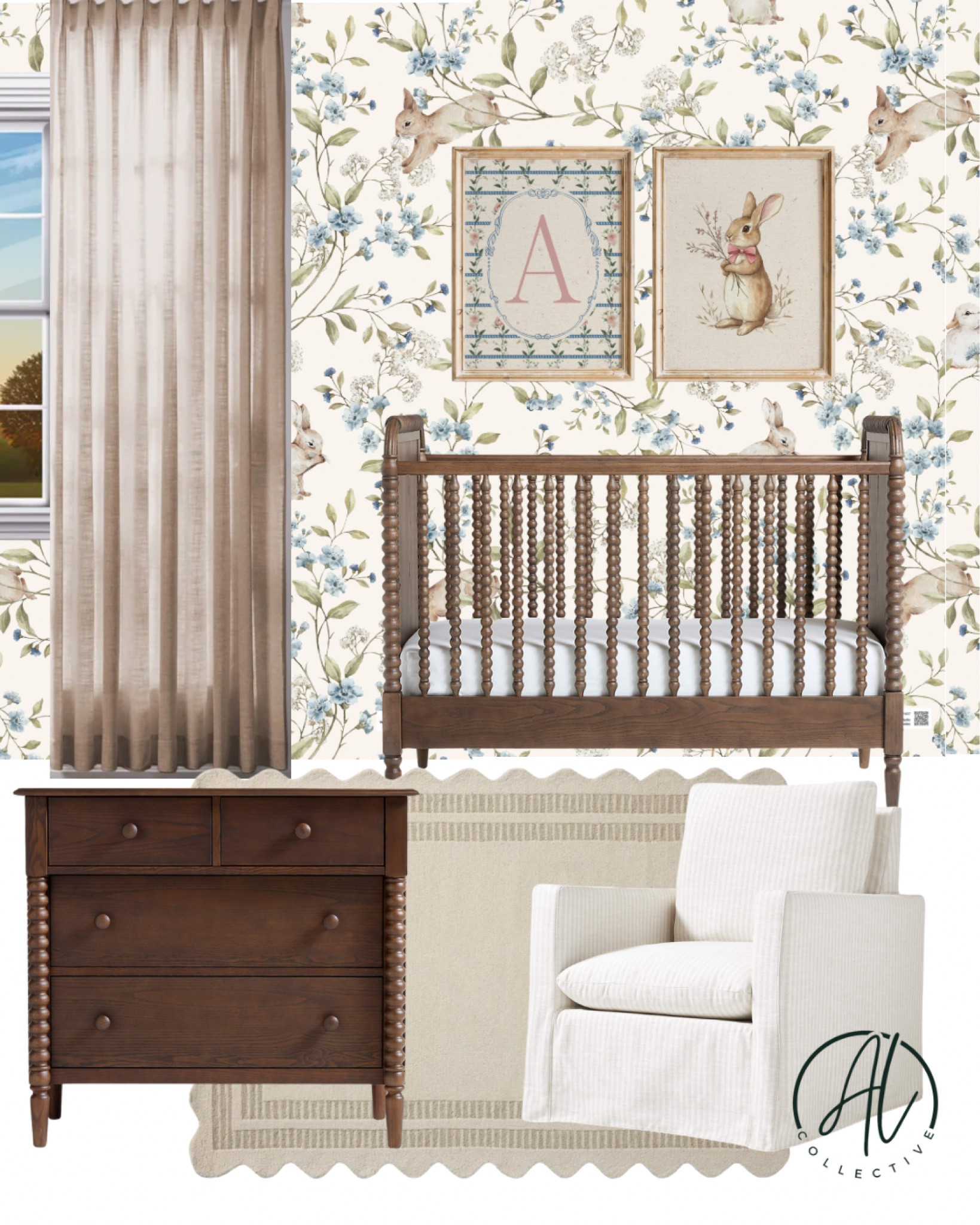 Nursery design. Home decor. Crib. Changing table. Kids dresser. Area rug. Rocking chair. Accent chair. Wall art. Wallpaper. Curtains. Drapes. Loloi. Mood board  

#LTKHome #LTKBaby