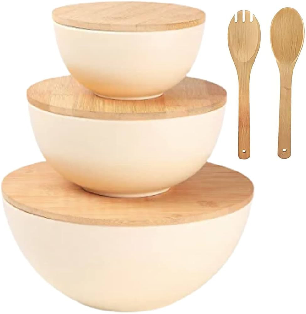 Salad Bowl Set with Lids, Bamboo Fiber Serving Bowls with Cutting Board Lids - Preparing & Servin... | Amazon (US)