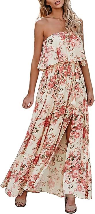 Annebouti Women Summer Strapless Boho Beach Front Slit Floral Long Maxi Dress | Amazon (US)