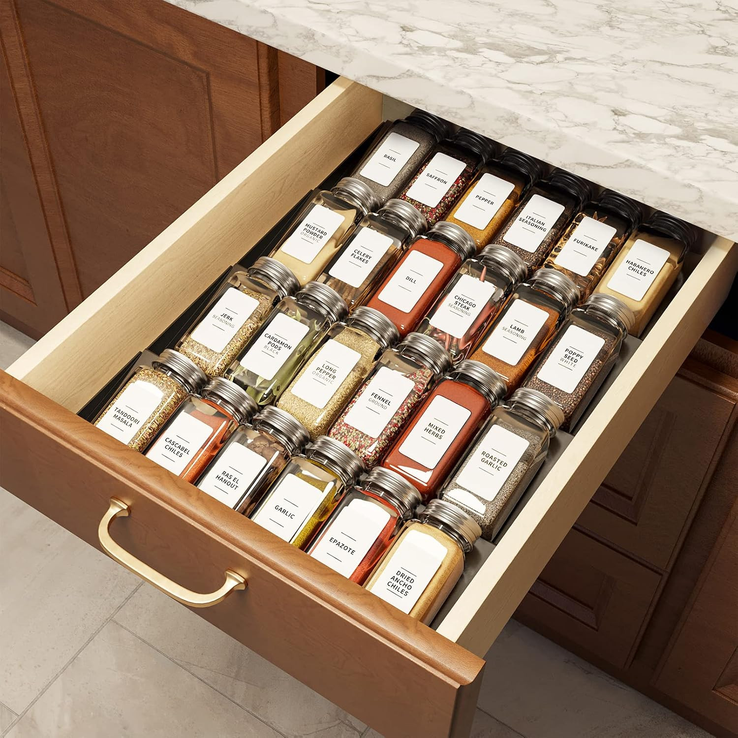 SpaceAid Spice Drawer Organizer with 24 Spice Jars, 378 White Minimalist Spice Labels, 4 Tier Seasoning Rack Tray Insert for Kitchen Drawers, 11.25" Wide x 17.5" Deep | Amazon (US)