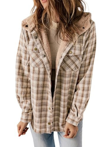 Dokotoo Womens Flannel Plaid Shacket Fall Winter Fleece Jacket Coat Khaki | Amazon (US)
