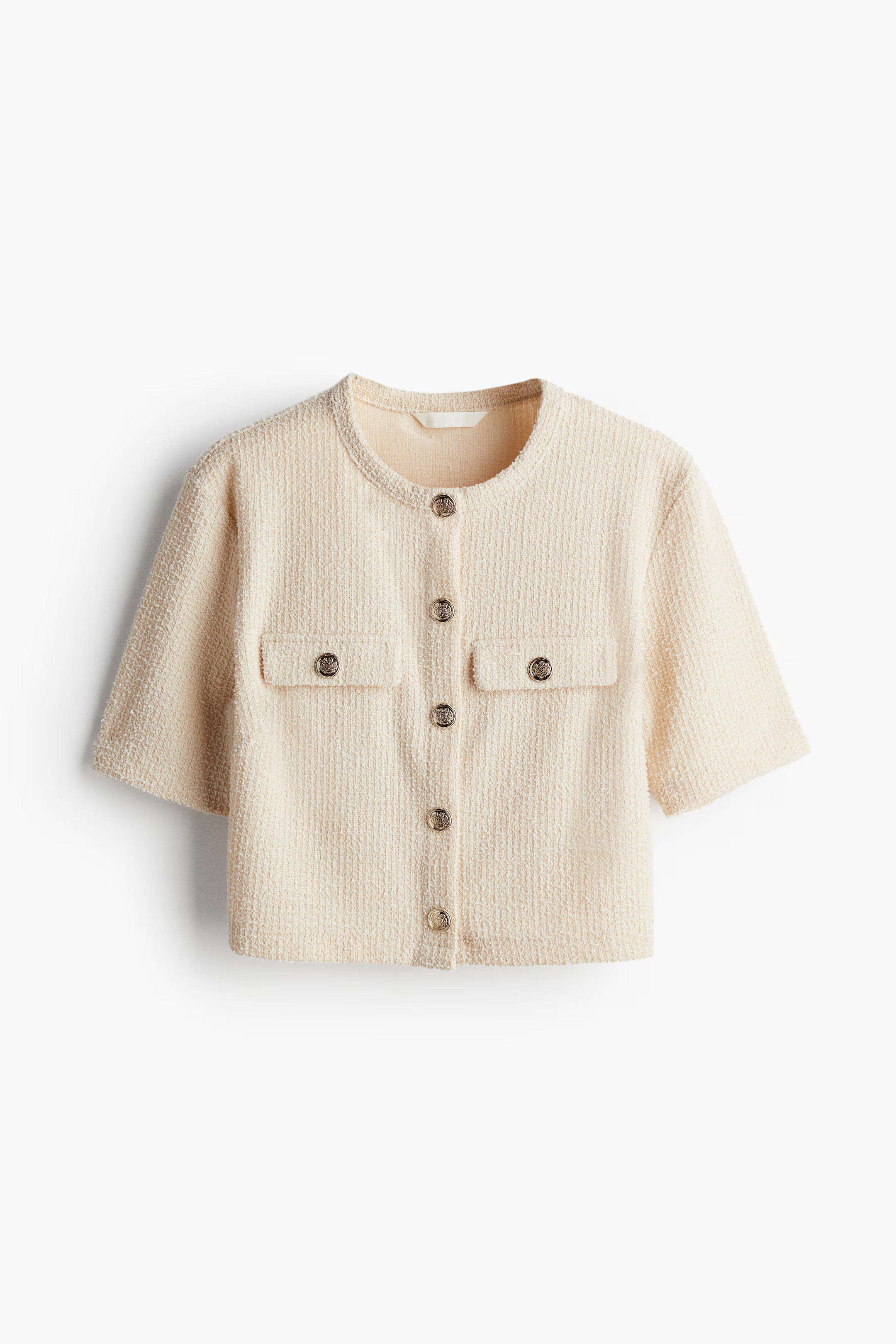 Short-Sleeved Bouclé Cardigan - Round Neck - Short sleeve - Light beige - Ladies | H&M US | H&M (US + CA)