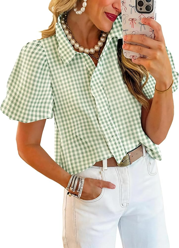 Womens Puffy Sleeves Tops Ruffle Shirt Striped Work Babydoll Collar Blouse | Amazon (US)