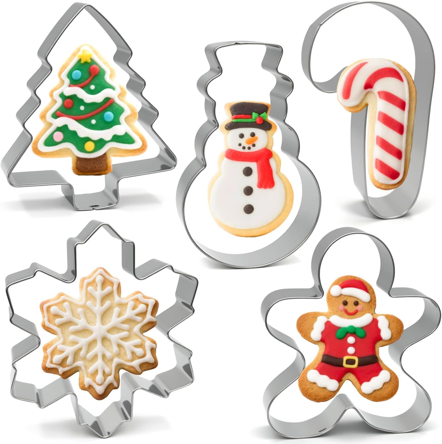Christmas Cookie Cutters Large - 5 Pieces - Gingerbread Man, Christmas Tree, Snowflake, Snowman, Candy Cane Shapes, Stainless Steel Biscuit Cutter Molds Set for Winter Holiday Baking | Amazon (US)