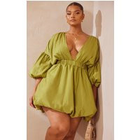 Plus Olive Puff Sleeve Puffball Hem Shift Dress | PrettyLittleThing US