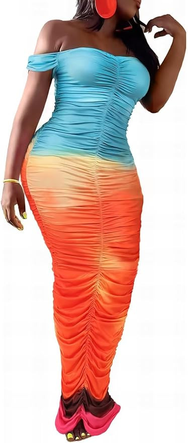 Ophestin Women Sexy Off The Shoulder Short Sleeve Tie Dye Ruched Bodycon Maxi Dress Party Club Dr... | Amazon (US)