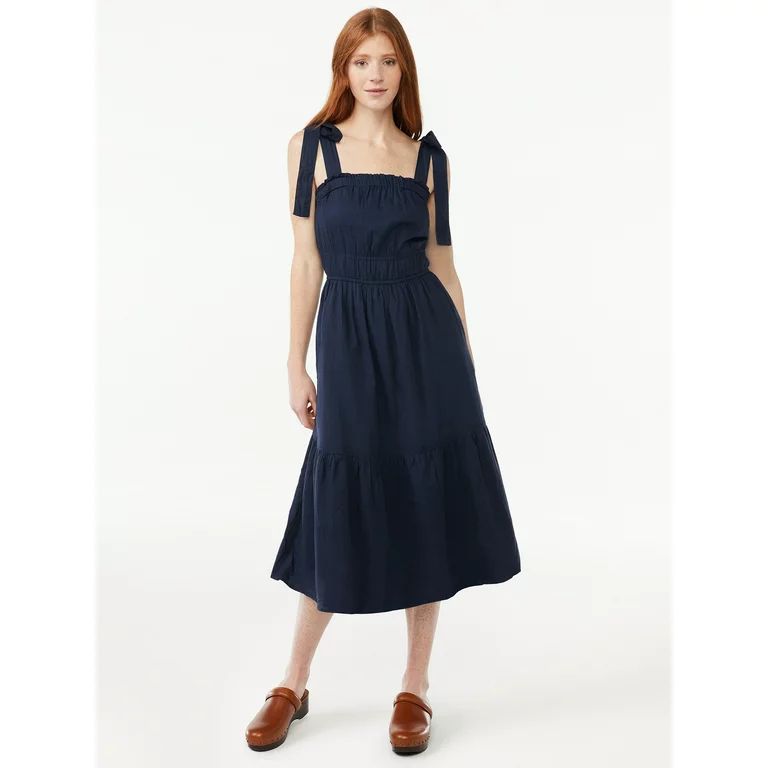 Free Assembly Women's Tie Shoulder Elastic Trim Midi Dress | Walmart (US)