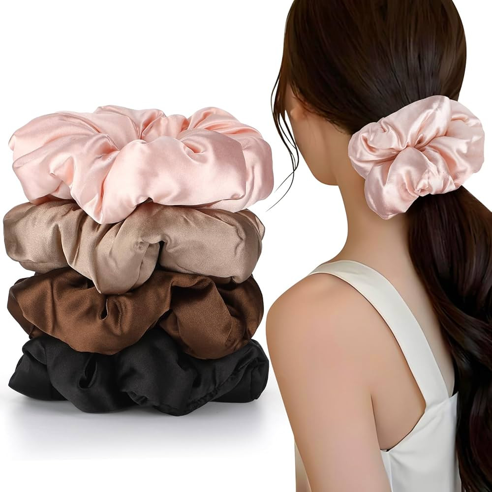 4Pcs Large Satin Hair Scrunchies, Big Pillow Scrunchies for Women Girls Silk Sleepy Scrunchie Pon... | Amazon (US)