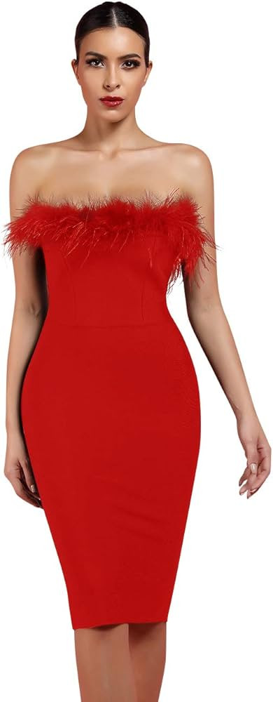 whoinshop Women's Sexy Off Shoulder Feather Bandage Evening Club Party Dress | Amazon (US)