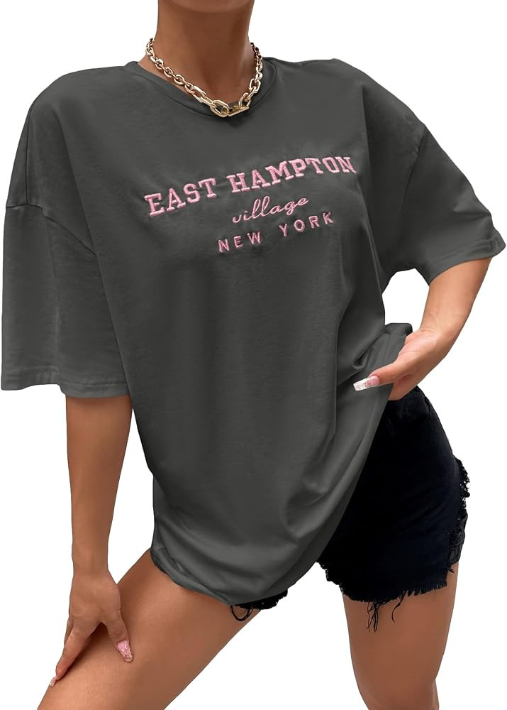 Cozyease Women's Letter Print Oversized Round Neck Short Sleeve Casual T Shirt Top | Amazon (US)