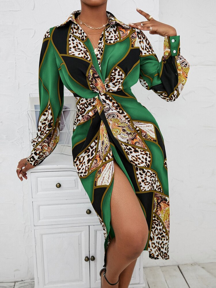 Leopard And Paisley Print Twist Front Shirt Dress | SHEIN