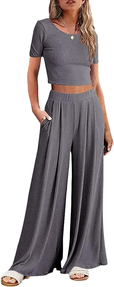 Ekouaer Women's 2 Piece Lounge Sets Short Sleeve Pajama Set Ribbed Knit Crop Top Wide Leg Pants L... | Amazon (US)