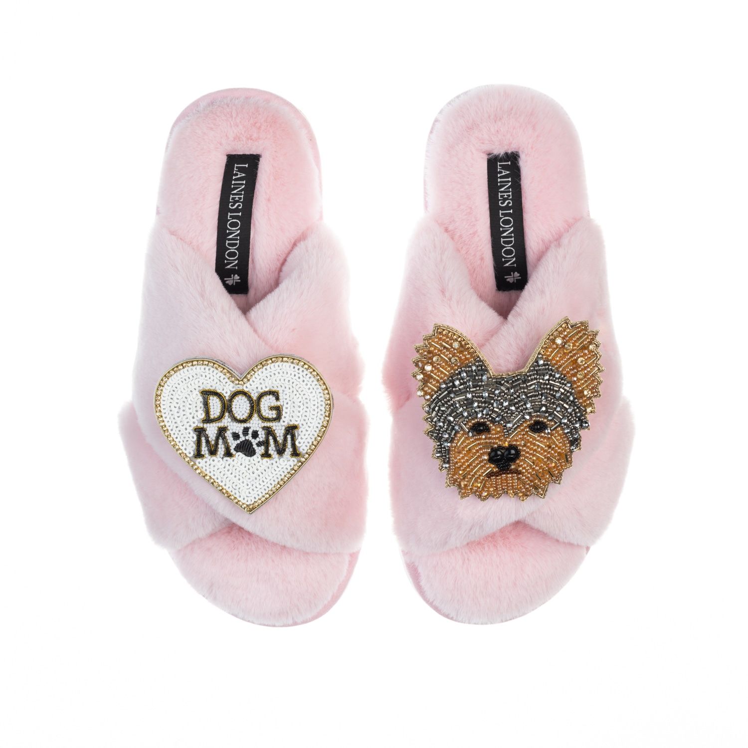 Classic Laines Slippers With Minnie Yorkie & Dog Mum / Mom Brooches - Pink | Wolf & Badger