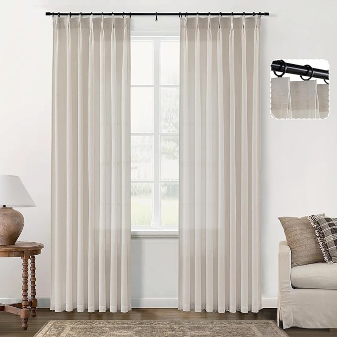 SHINELAND Farmhouse Curtains for Living Room,Pinch Pleated Hooks Sheer Faux Linen Cotton Drop Clo... | Amazon (US)