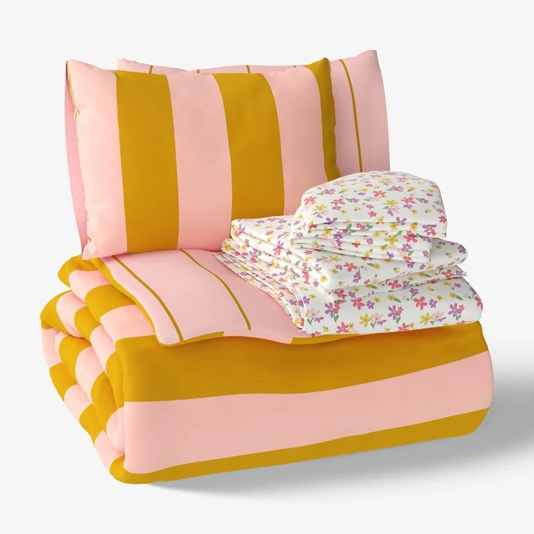 Mainstays Kids Pink and Yellow Stripe Reversible Comforter Set with Sheets, Full, 7 Pieces | Walmart (US)
