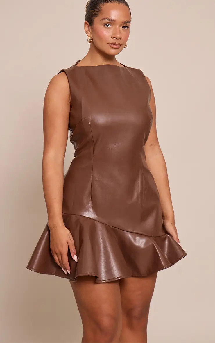 Chocolate Faux Leather Frill Detail Mini Dress | PrettyLittleThing USA | PrettyLittleThing US