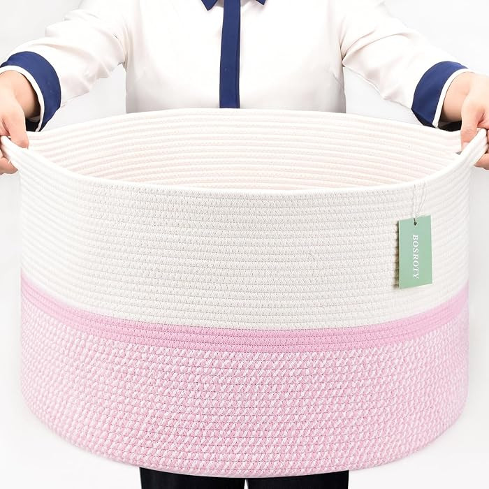 Cotton Rope Basket for Girls Kids, 87L Laundry Hamper, White & Pink | Amazon (US)