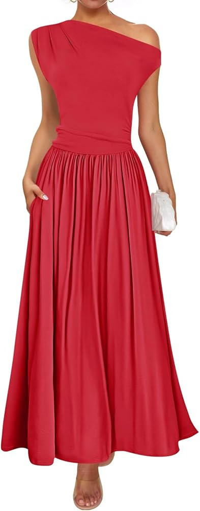 ZESICA Women's Summer 2025 Sleeveless Maxi Dress One Shoulder Casual Slim Swing Pleated Formal Dr... | Amazon (US)