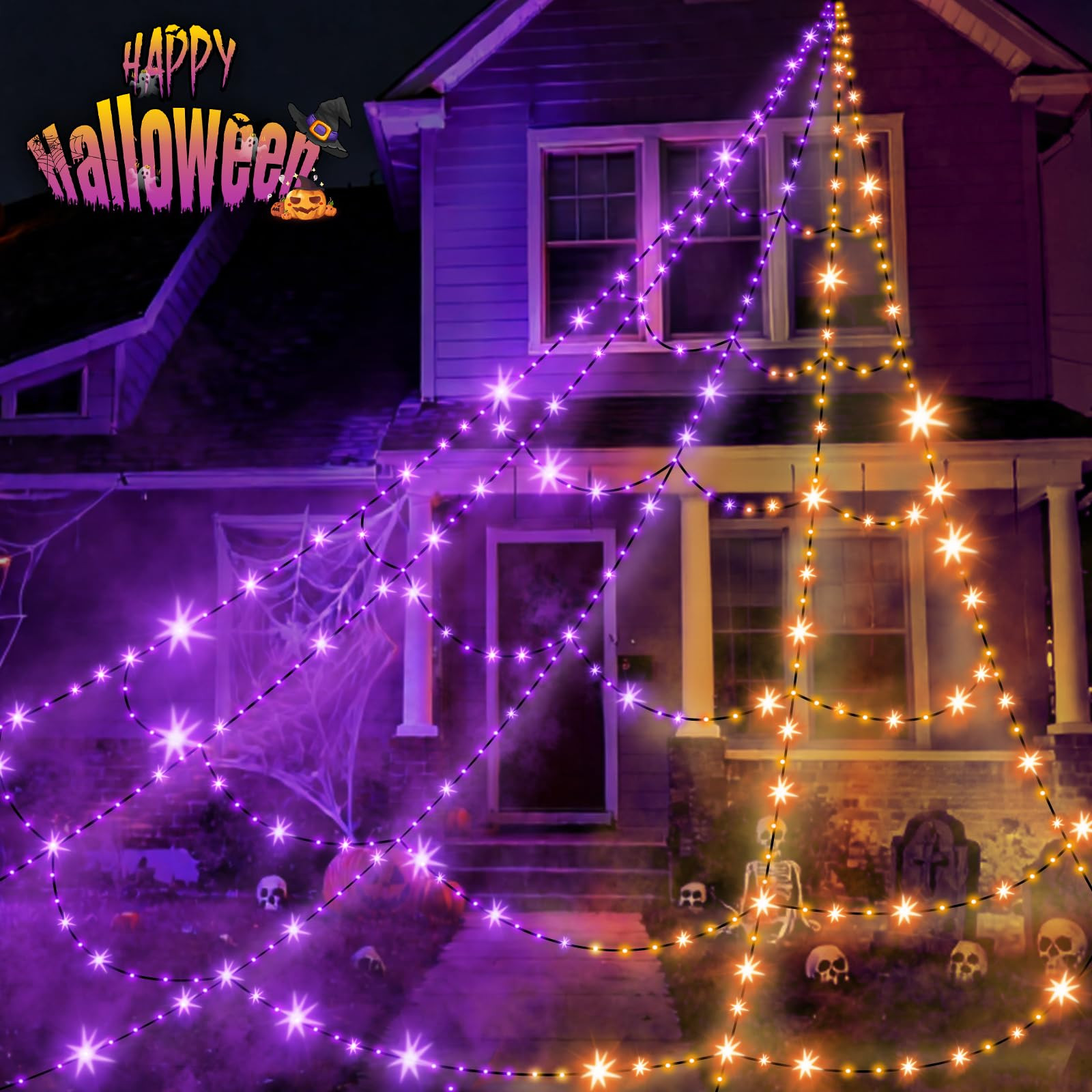 Halloween Decorations Outdoor Spider Web Lights - 550 LEDs Purple and Orange Remote Control Timer... | Amazon (US)