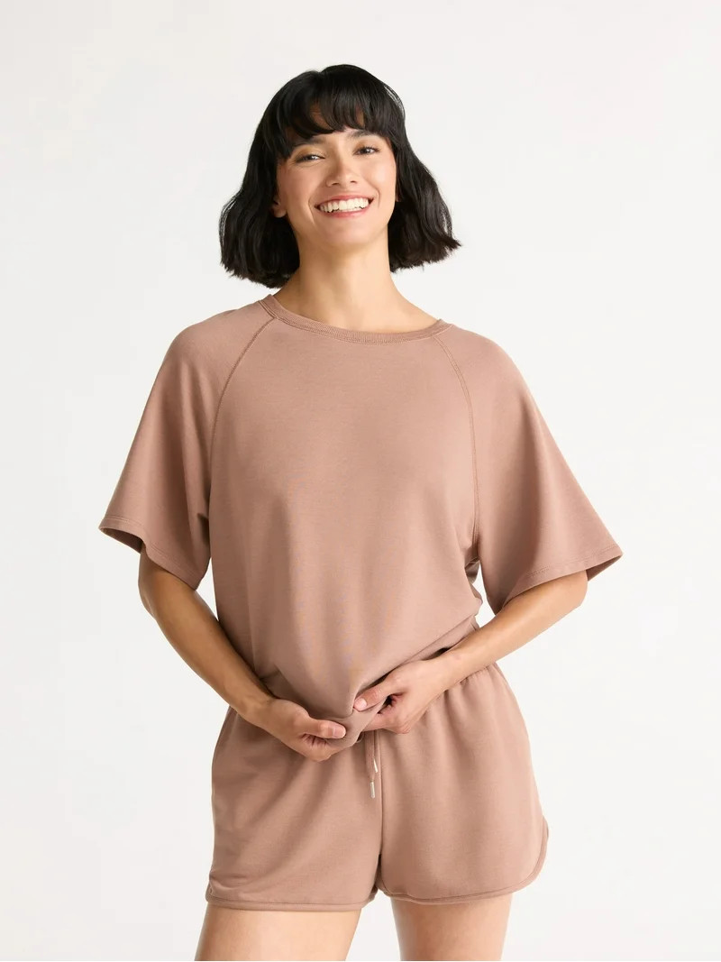 Joyspun Women's French Terry Short Sleeve Top and Shorts Pajama Set, 2-Piece, Sizes XS-3X | Walmart (US)