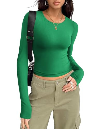 Zeagoo Army Green Tops for Women Long Sleeve Tshirt Classic Scoop Neck Pullover Shirt Slim Fitted Rib Knit Basic Tops Green X-Large | Amazon (US)