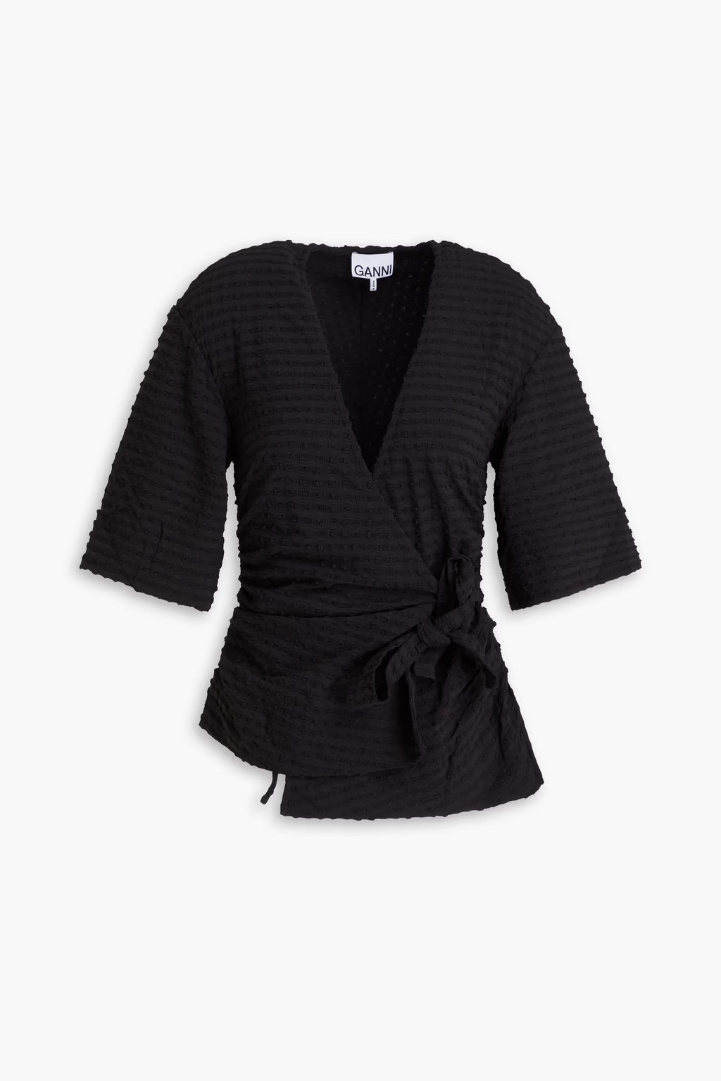 Ruched stretch-seersucker wrap top | The Outnet (US and CA)