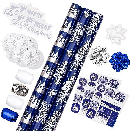 LeZakaa Christmas Wrapping Paper Bundle -Mini Roll with Bow, Ribbon, Sticker, Gift Tag -Navy with Silver Foil Design with Snowy Woodland Scenes/Snowflake/Tree-17x120 inches-3 Rolls (42.5sq.ft.ttl.) | Amazon (US)
