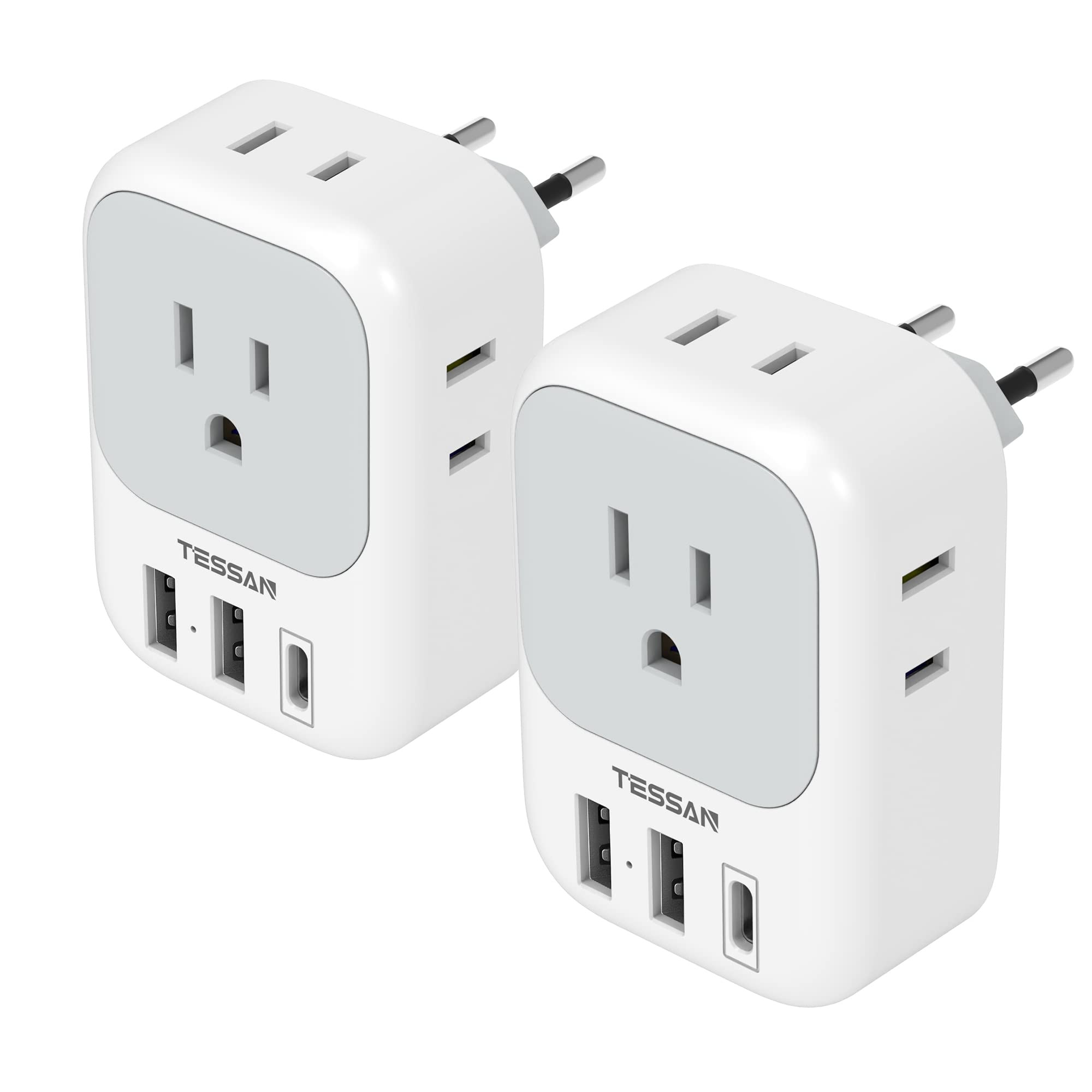 2 Pack European Plug Adapter USB C, TESSAN US to Europe Plug Adapter with 4 Outlets 3 USB Charger... | Amazon (US)