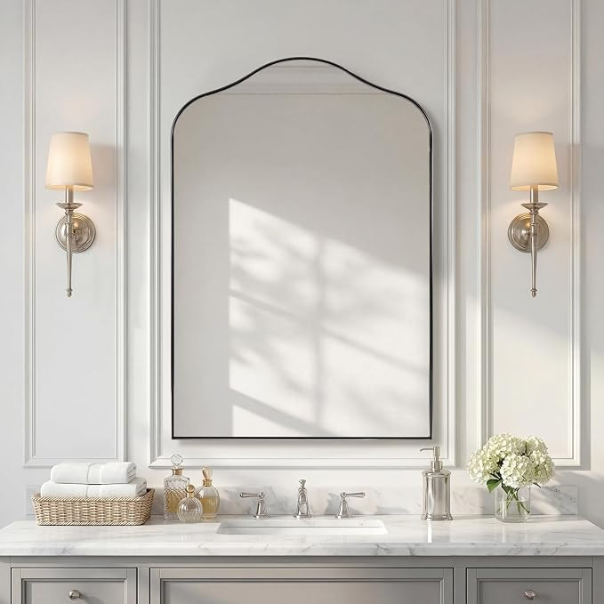 Scalloped Arched Mirror, 26x38 Polished Chrome Irregular Bathroom Mirror for Vanity, Curved Top w... | Amazon (US)