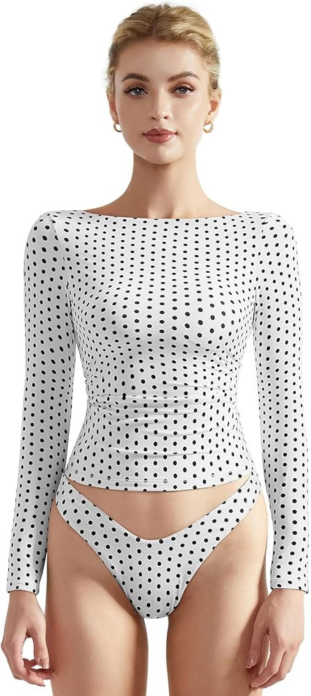 SUUKSESS Women Crew Neck Long Sleeve T Shirts Double Lined Tight Fitted Crop Top | Amazon (US)