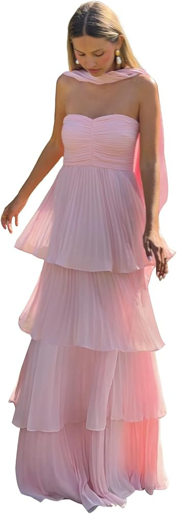 Jicht Strapless Bridesmaid Dress with Scarf Chiffon Long Tiered Halter Formal Dress Maxi for Wome... | Amazon (US)