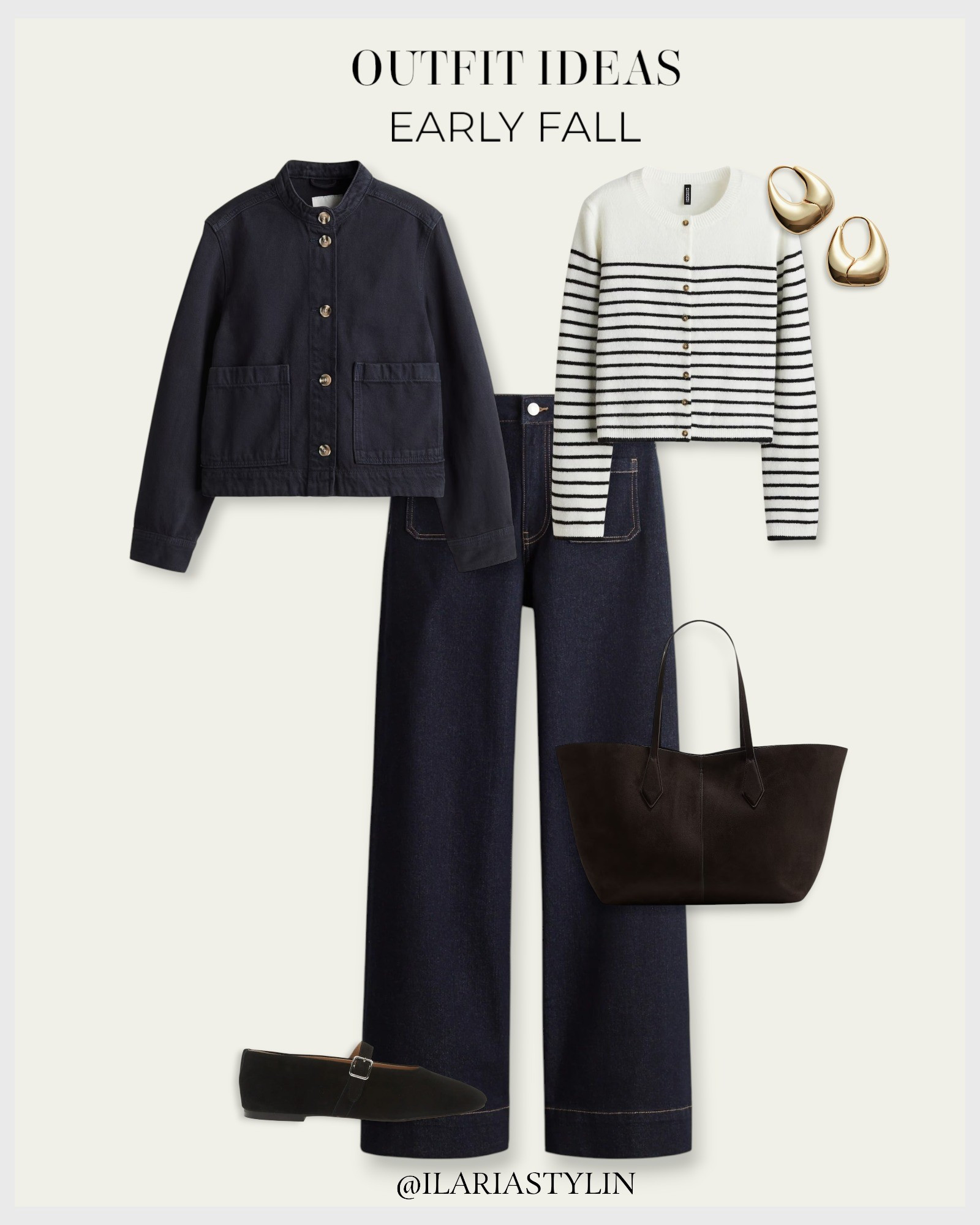 OUTFIT IDEAS: EARLY AUTUMN 🍂                                                                                                                                                       autumn outfit, fall outfit, navy blues jacket, twill jacket, striped cardigan, fine knit cardigan, black jeans, bootcut jeans, black flats, mary jane shorts, mary jane flats, dark brown bag, napped bag, shopper bag, casual outfit, casual chic outfit

#LTKSeasonal #LTKStyleTip #LTKFindsUnder50