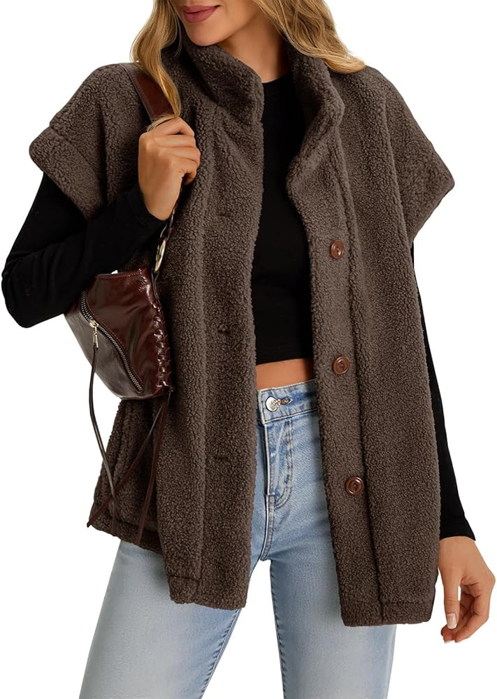 Tanakneo Womens Oversized Fleece Vest Sleeveless Fuzzy Sherpa Jacket Trendy Casual Button Down Wa... | Amazon (US)