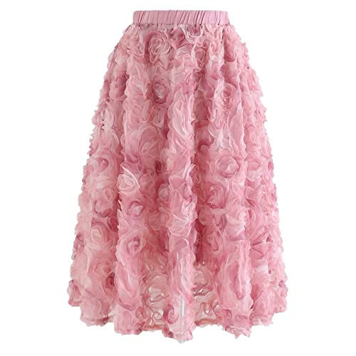CHICWISH Women's 3D Pinky Rose Mesh Tulle Elastic Waist Skirt | Amazon (US)