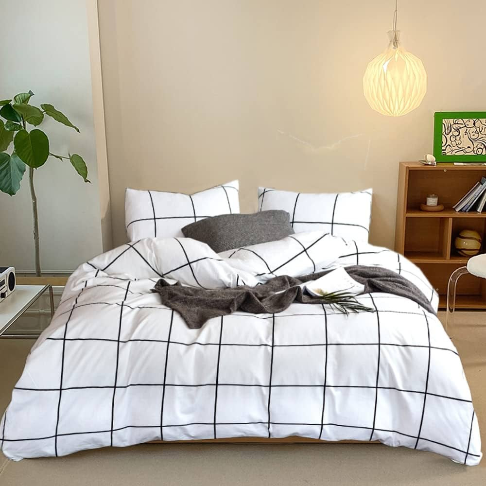CLOTHKNOW White Plaid Queen Comforter Set 3Pcs White Bedding Comforter Sets Geometric Queen Comfo... | Amazon (US)