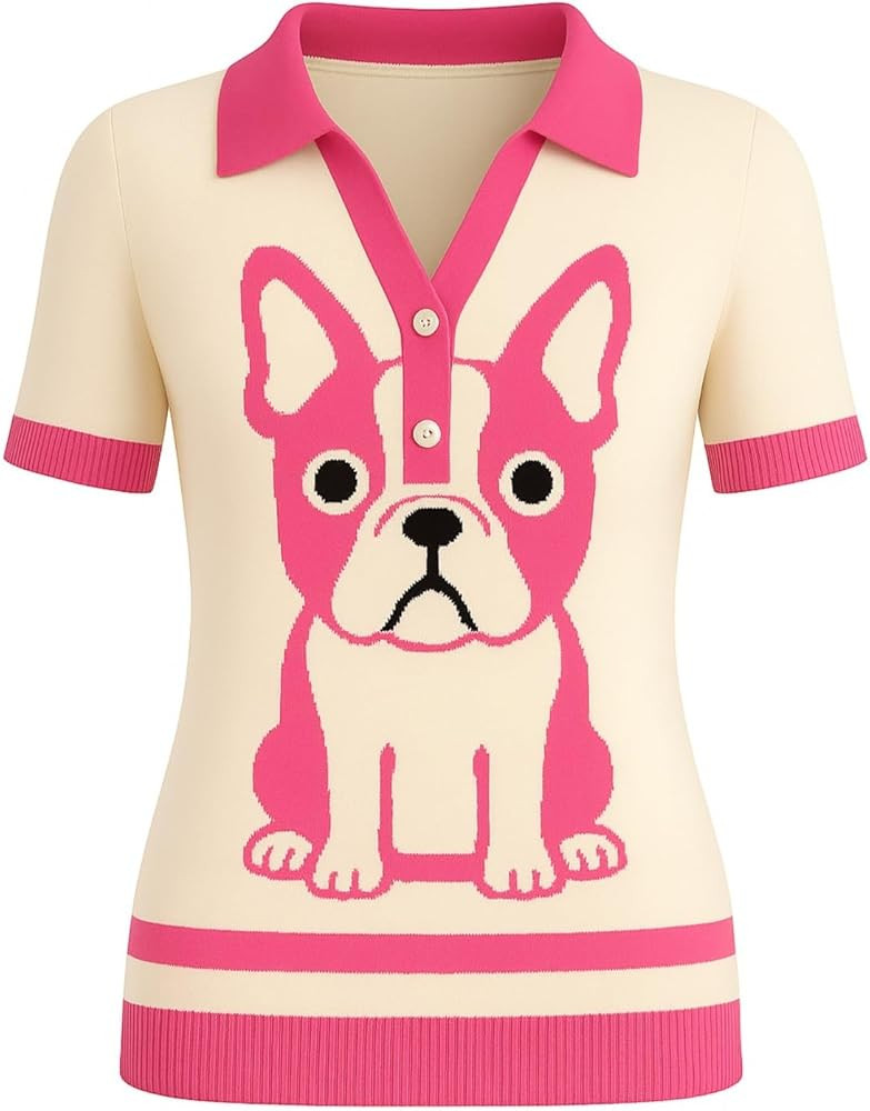 OXKNIT Women's Knit Polo Shirts Short Sleeve, Vintage Dog Pattern Casual V-Neck Pink Beige Tops w... | Amazon (US)
