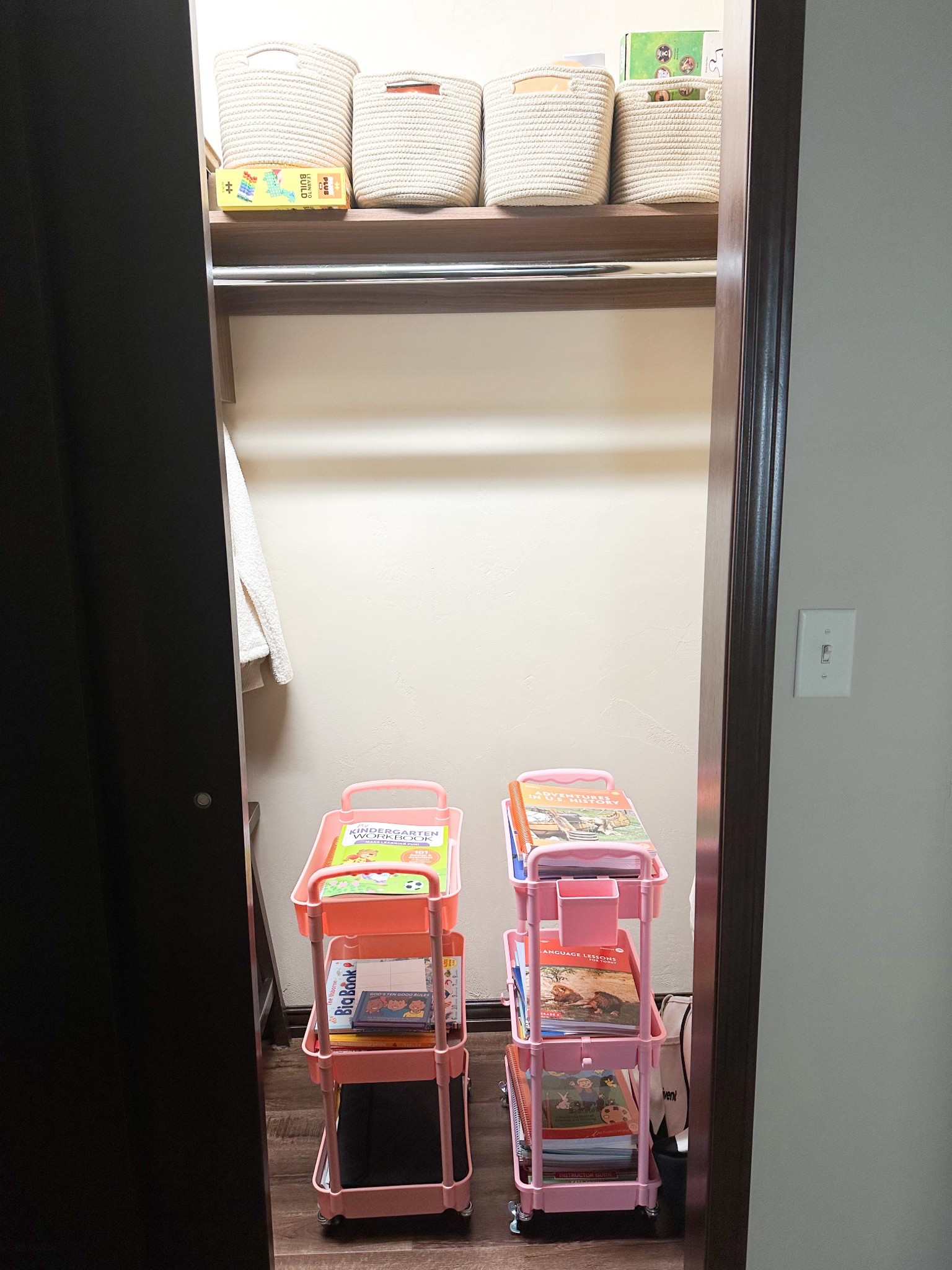 Transformed part of this coat closet to an area to organize homeschool things! / Roller Carts / Homeschool / Organization / Storage Baskets 

#LTKFindsUnder50 #LTKSaleAlert #LTKFamily