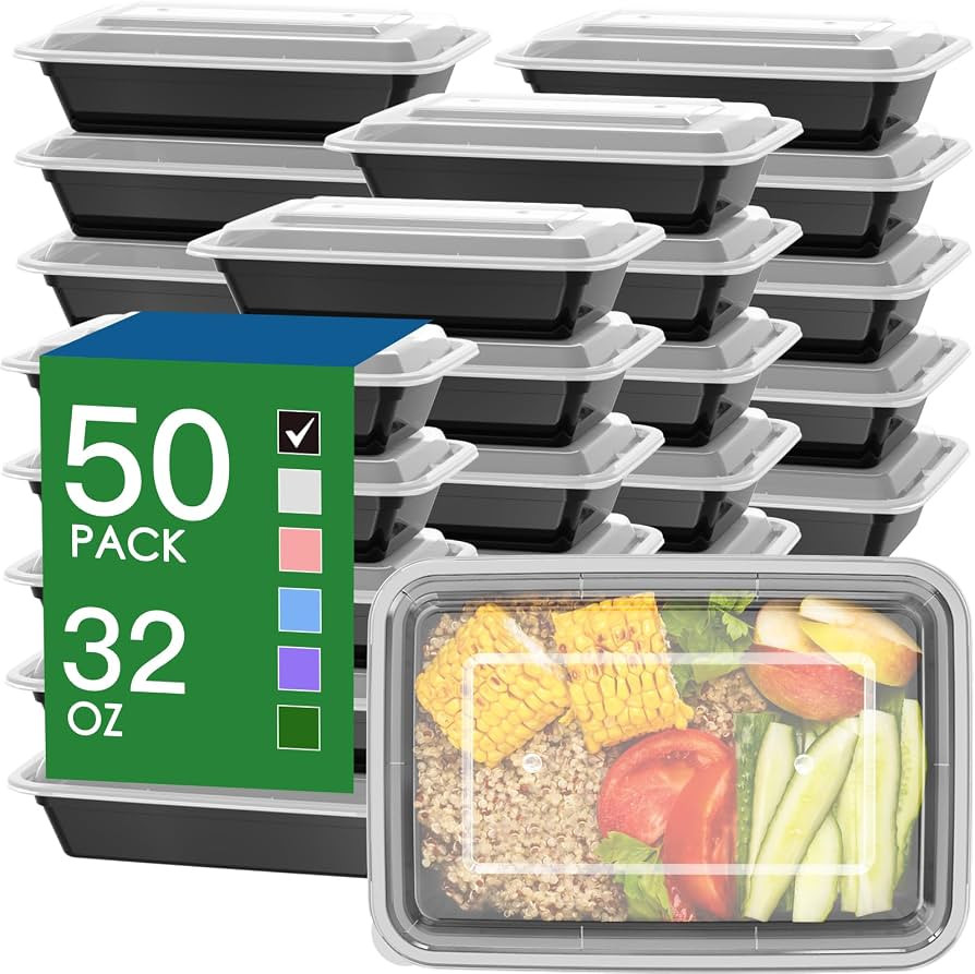 50 Pack (100-Piece) 32 oz Meal Prep Containers with Easy Open Lids, Black | Amazon (US)