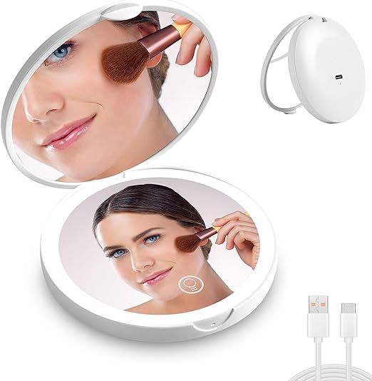 CORROY Led Travel Makeup Mirror 1x/2x Magnifying Compact Mirror with Light USB Rechargeable Small... | Amazon (US)